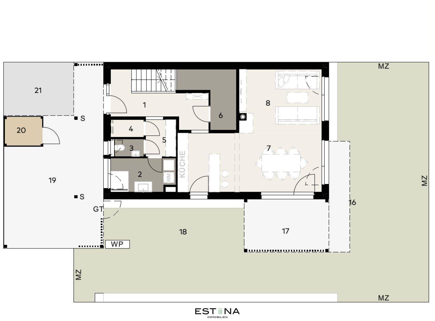 Grundriss des Erdgeschosses mit offenem Wohn-Essbereich, Küche und Terrasse.