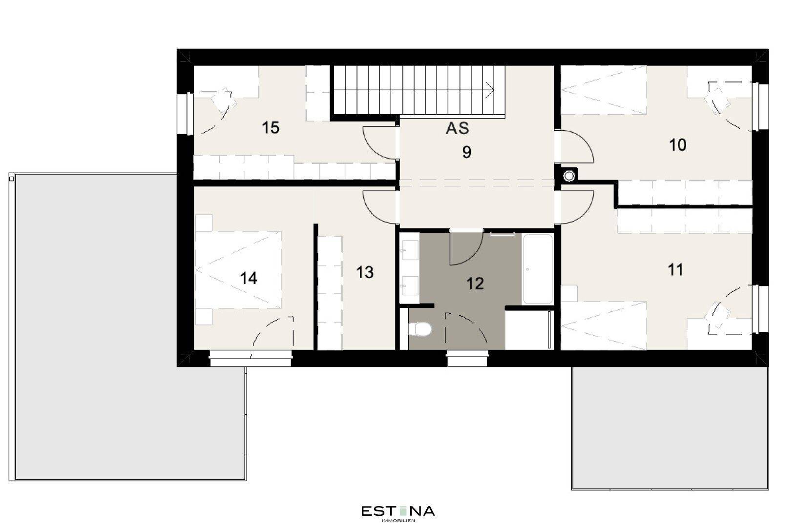 Grundriss des Obergeschosses mit drei Schlafzimmern und Badezimmer.