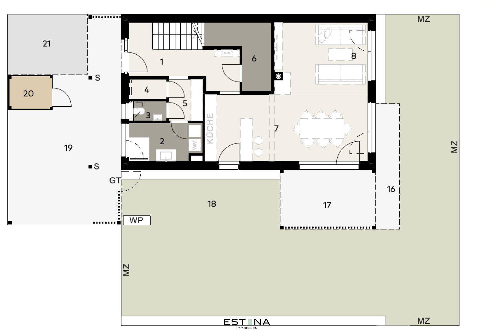 Grundriss des Erdgeschosses mit offener Küche, Wohnbereich und Terrasse.