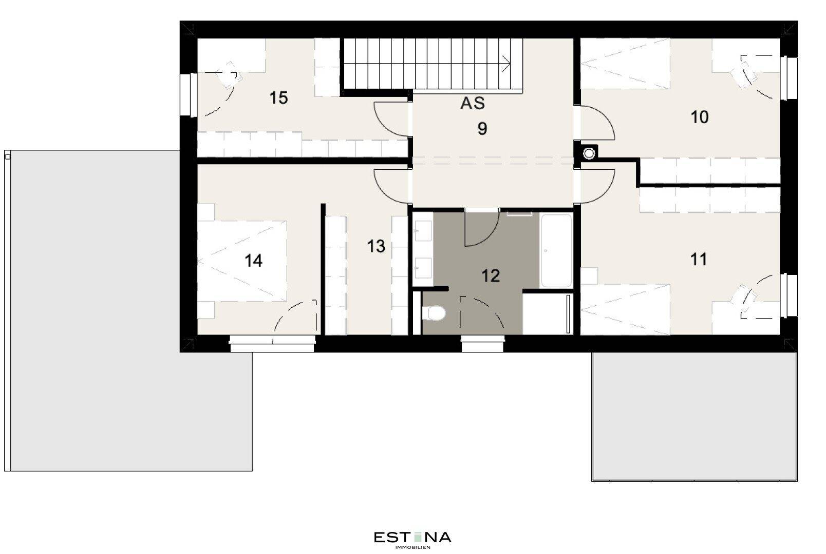 Grundriss des Obergeschosses mit mehreren Schlafzimmern und Badezimmer.