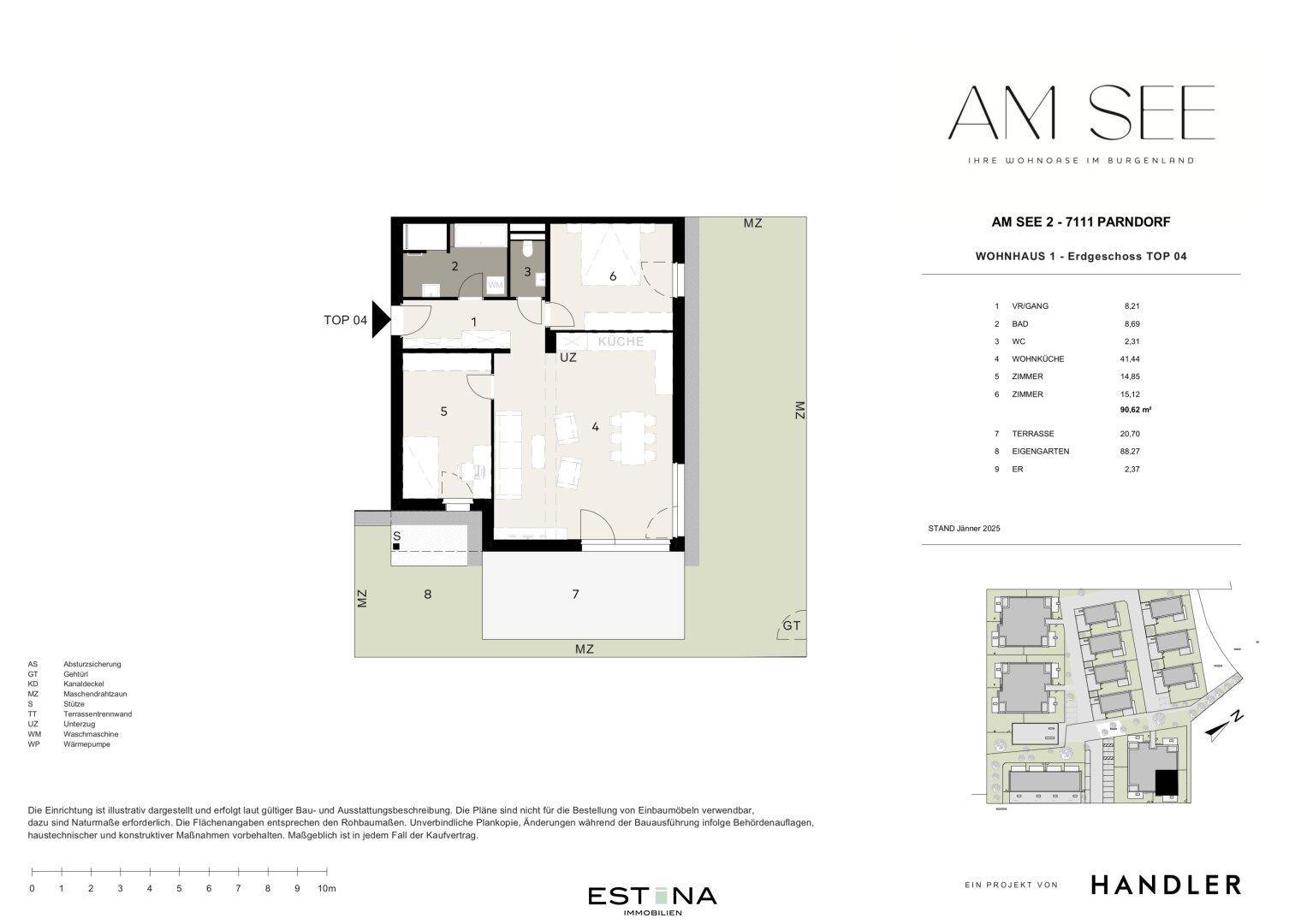 Grundriss einer Wohneinheit mit Terrasse und Gartenanteil.