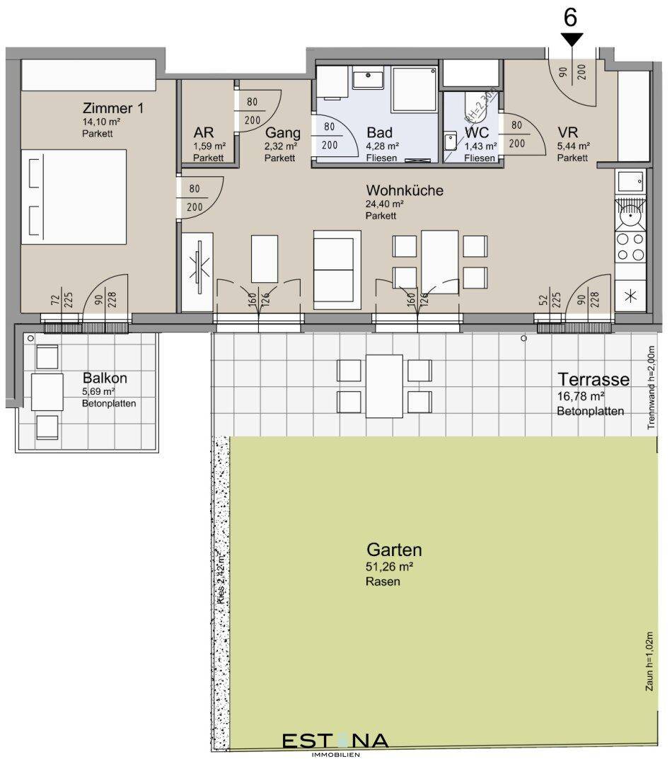 Detaillierter Grundriss der Wohnung mit Raumaufteilung und Außenbereichen.