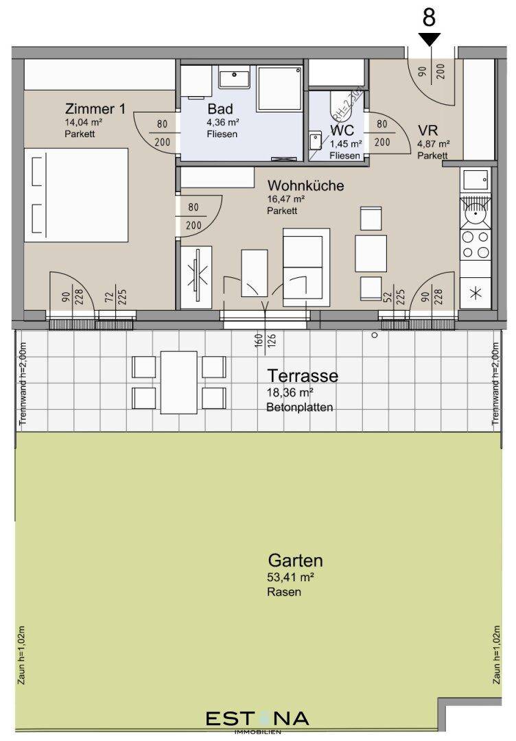 Detaillierter Grundriss der Wohnung mit Raumaufteilung, Terrasse und Gartenbereich.