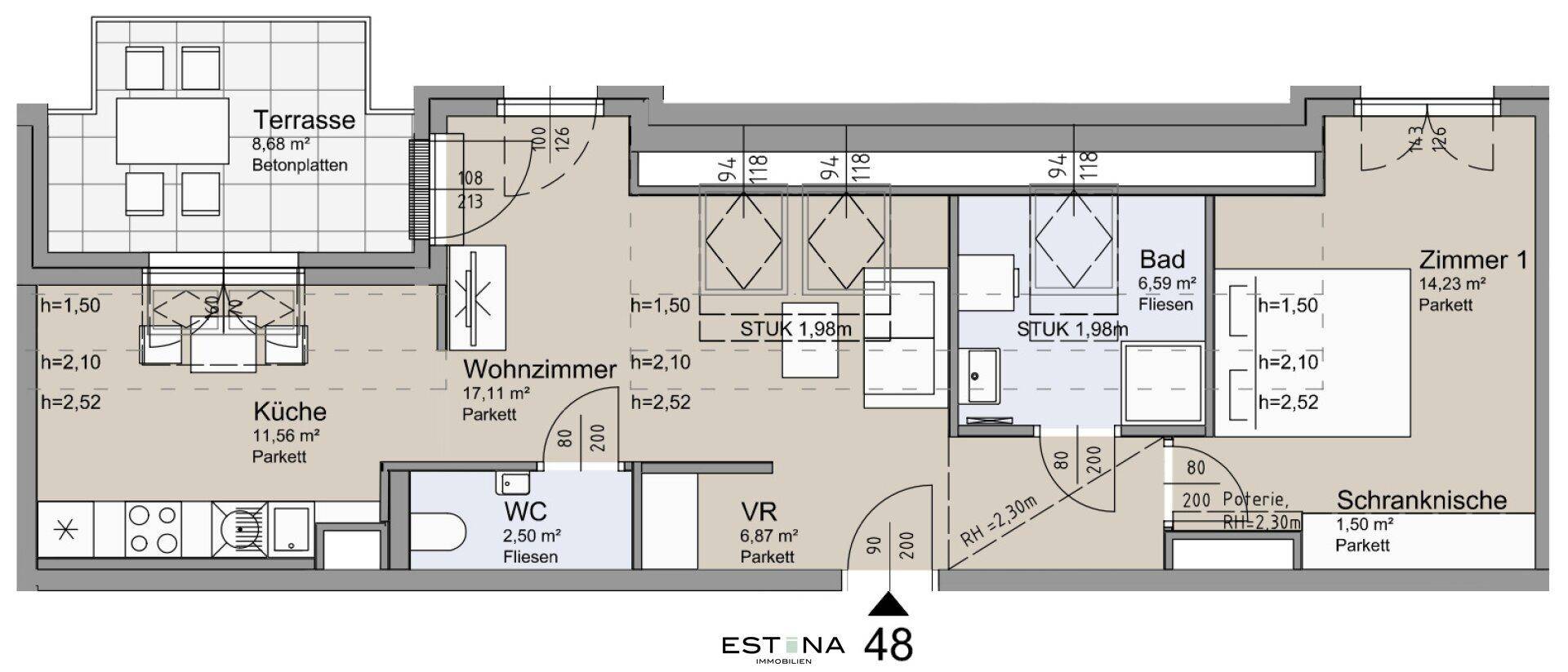 Detaillierter Grundriss einer Wohnung mit Terrasse, Wohnzimmer, Küche und Schlafzimmer.