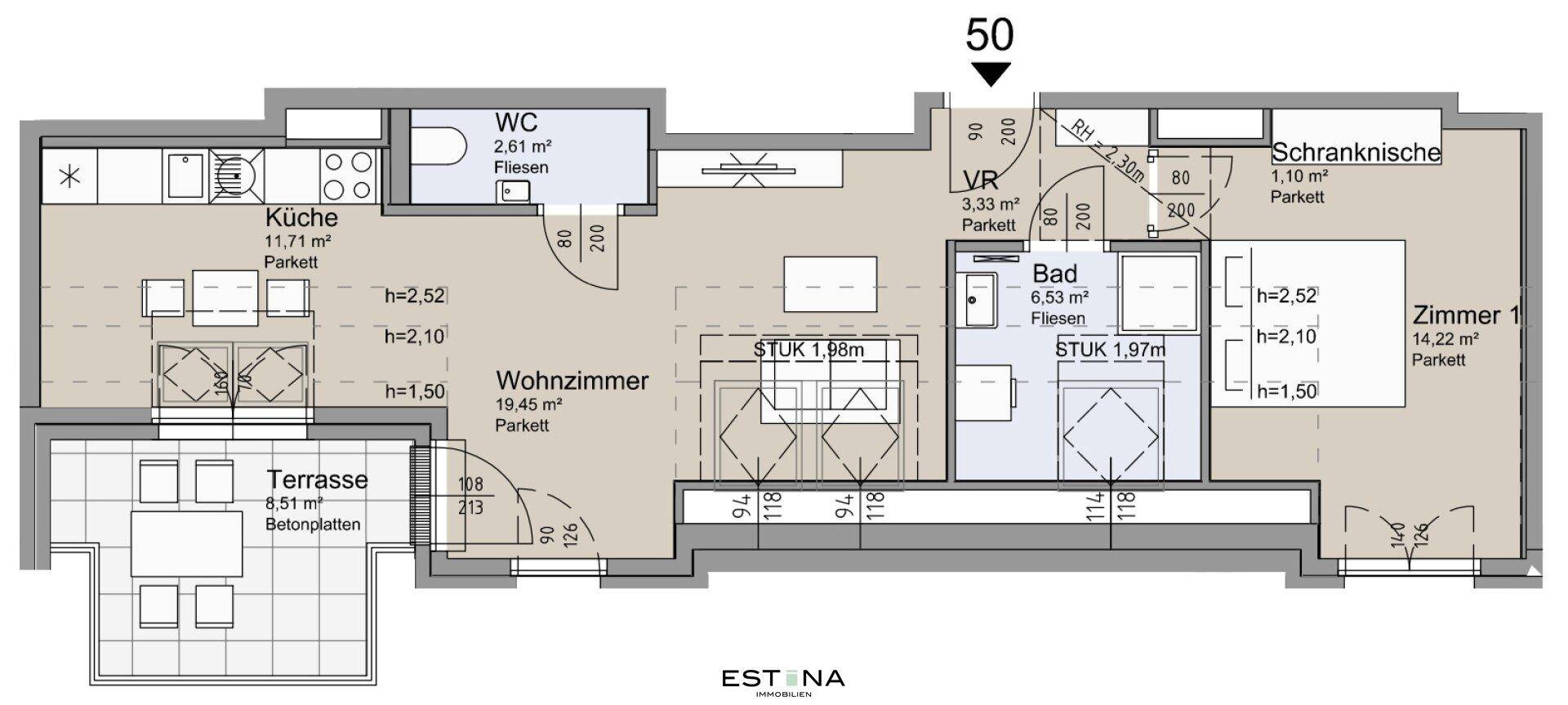 Nahaufnahme des Grundrisses einer Wohnung mit einem Schlafzimmer, Bad und separatem WC.