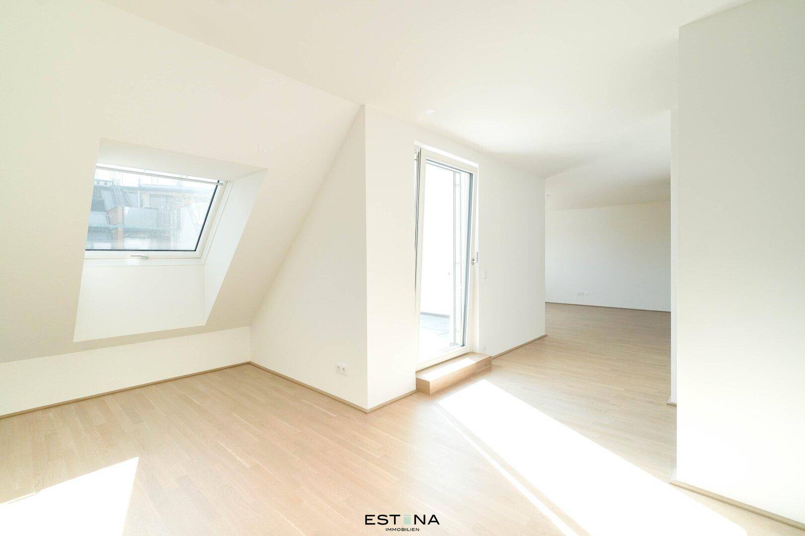Heller Raum im Dachgeschoss mit Dachfenster und Zugang zu einem Außenbereich, ausgestattet mit Parkettboden.
