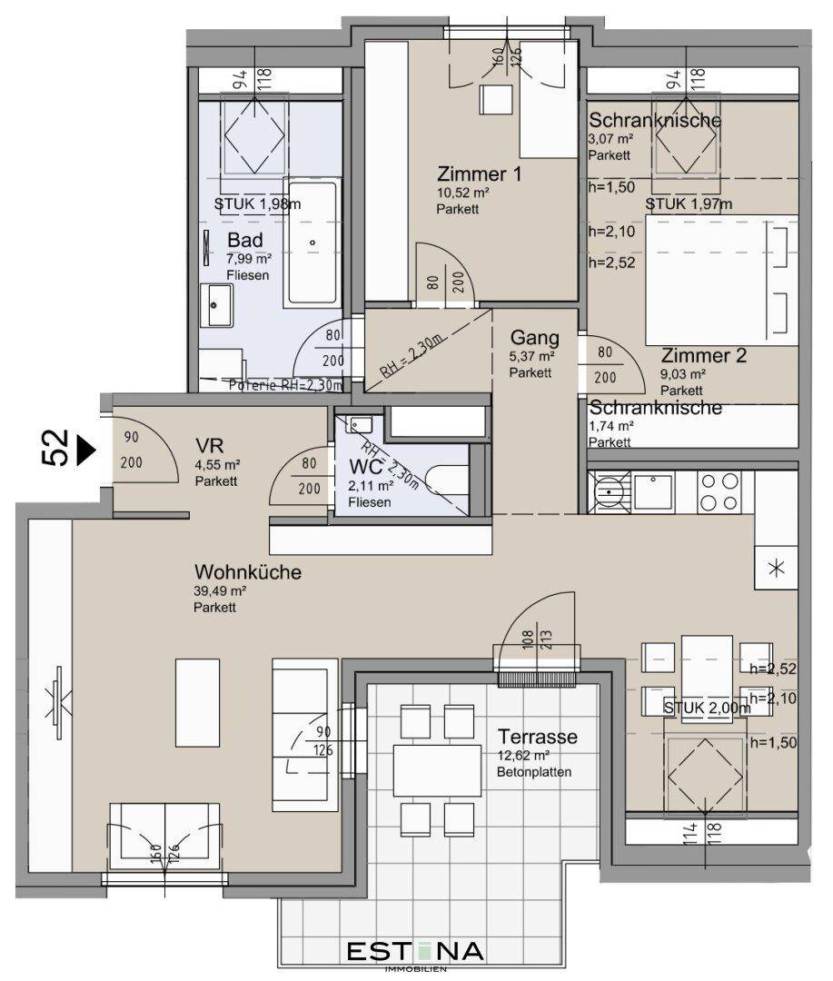 Übersichtlicher Grundriss einer Wohnung mit Wohnküche, zwei Schlafzimmern und großzügiger Terrasse.