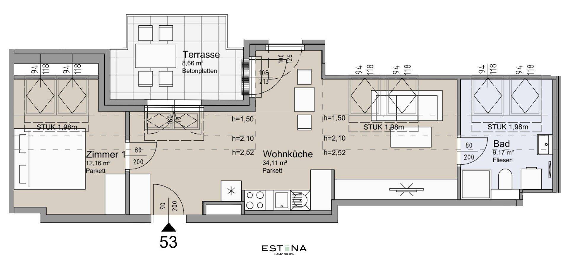 Detaillierter Grundriss einer Wohnung mit Wohnküche, Schlafzimmer und Bad.