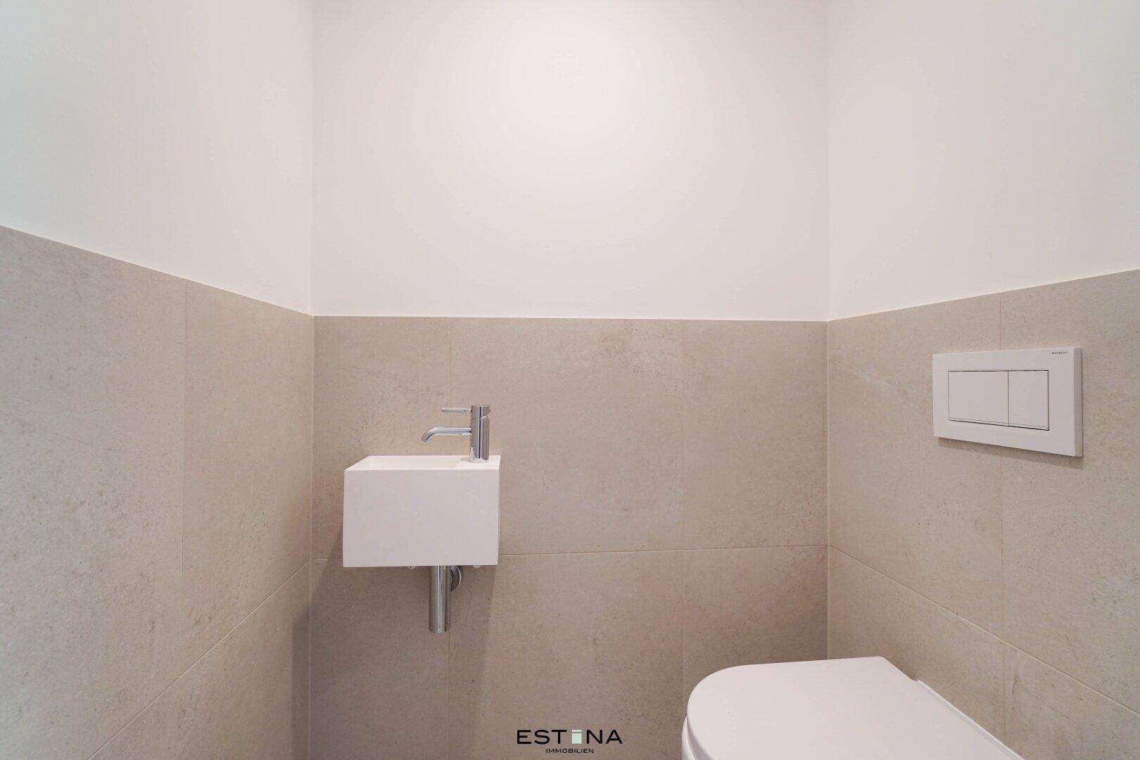 Modernes Gäste-WC mit kleinem Waschbecken und wandhängender Toilette.