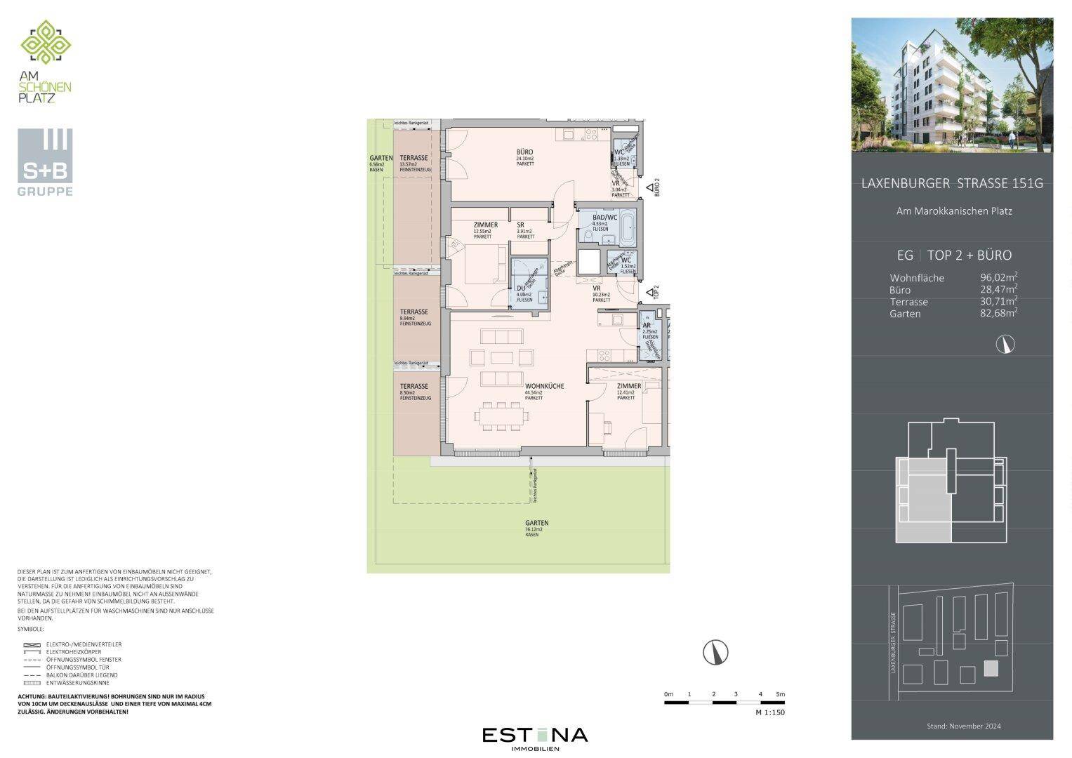 Grundriss einer Wohnung mit drei Terrassen, Garten und mehreren Zimmern.