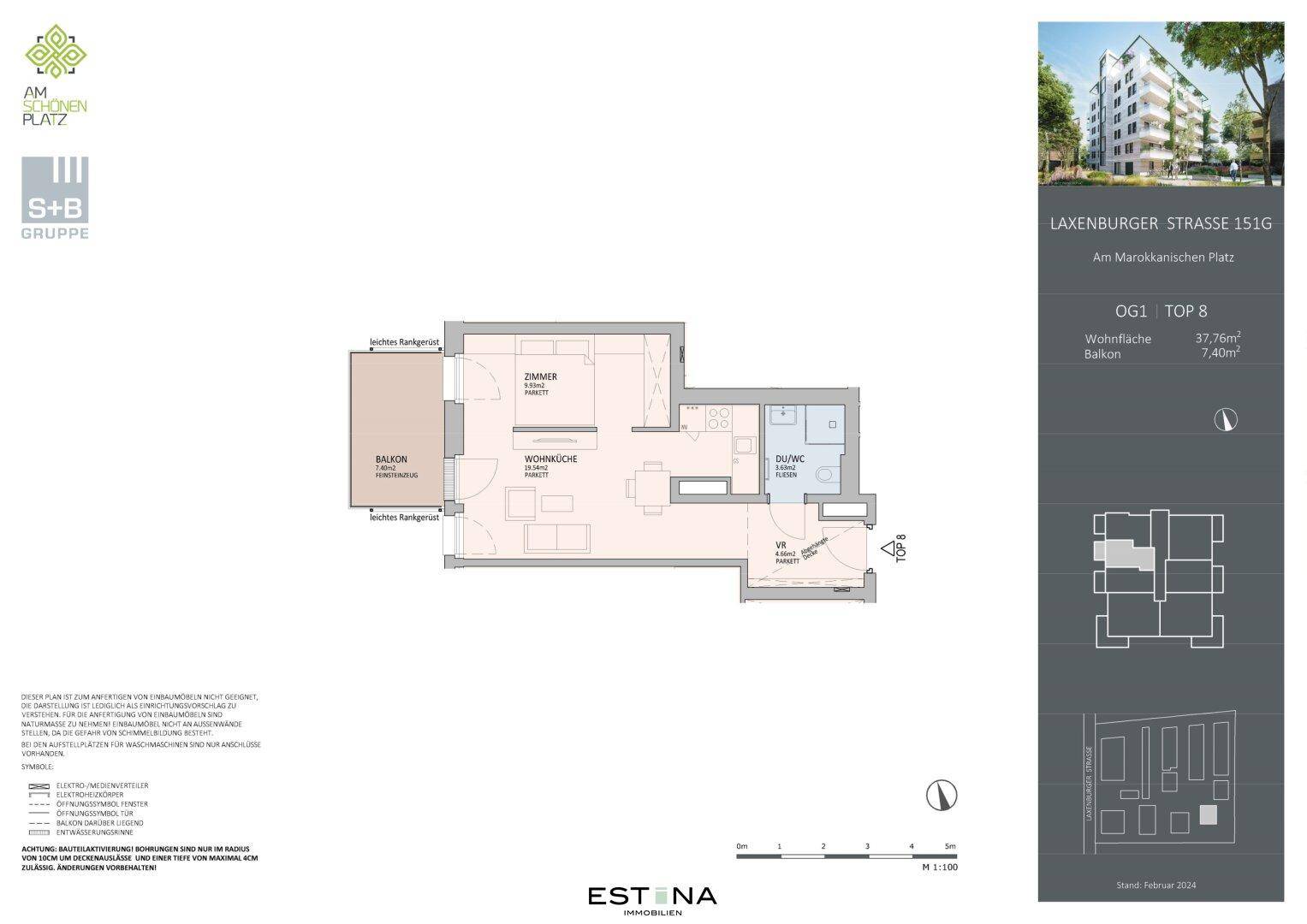 Grundriss einer Wohnung mit Wohnküche, einem Zimmer, Bad, WC und einem Balkon.