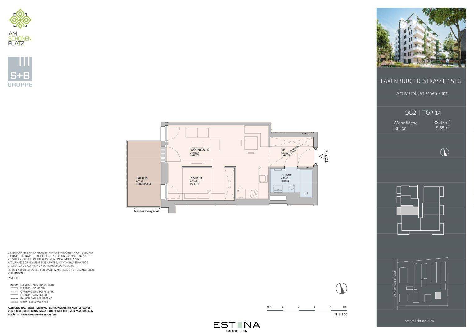 Grundriss einer Wohnung mit Balkon, Wohnküche und separatem Zimmer.