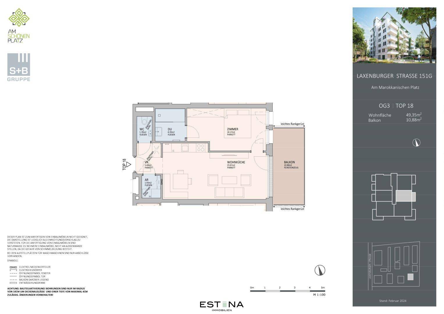 Grundriss einer Wohnung mit offenem Wohn- und Küchenbereich, einem Schlafzimmer, Bad, separatem WC und Balkon.