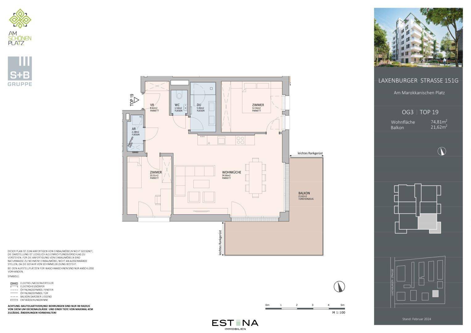Detaillierter Grundriss einer Wohnung mit offener Wohnküche, mehreren Zimmern und einem großzügigen Balkon.