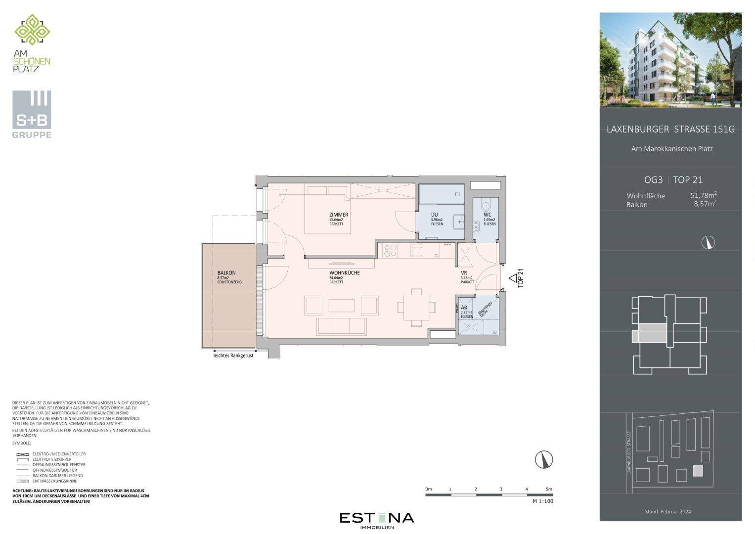 Detaillierter Grundriss einer Wohnung mit Balkon, Wohnküche und separatem WC.