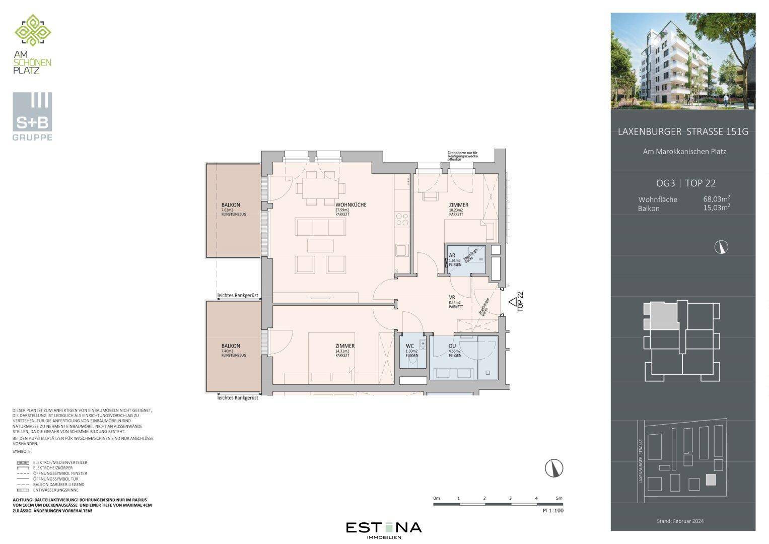 Detaillierter Grundriss einer Wohnung mit zwei Balkonen und offenem Wohnbereich.