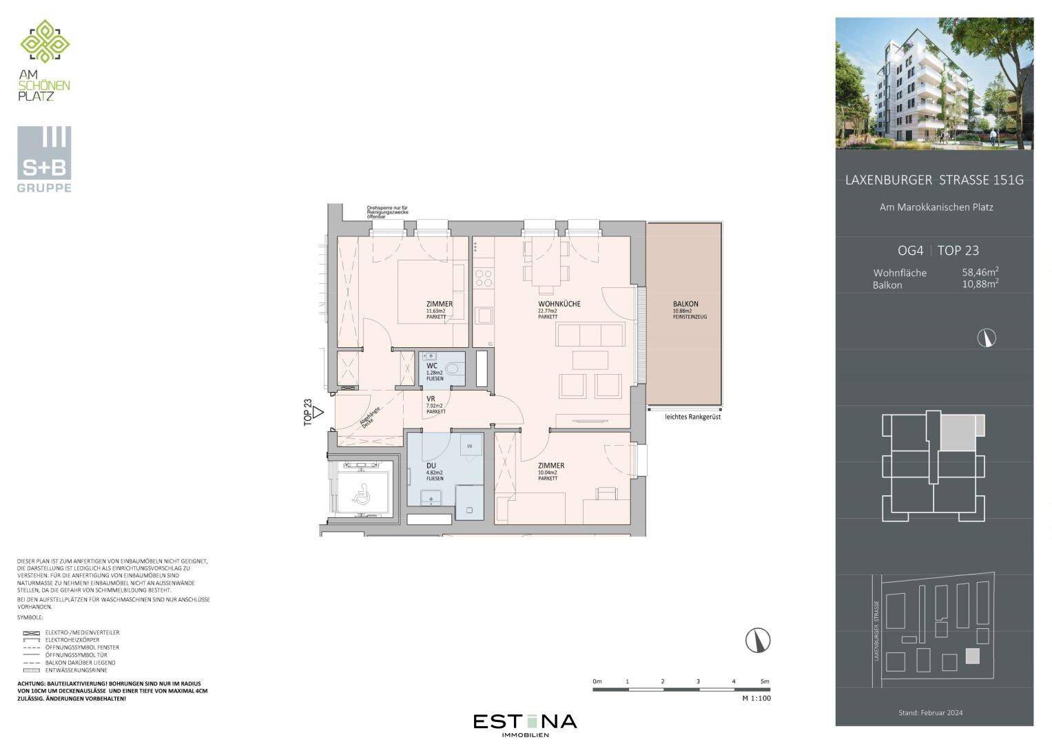 Detaillierter Grundriss einer Wohnung mit offener Wohnküche, zwei Zimmern, separatem WC und Duschbad sowie einem Balkon.