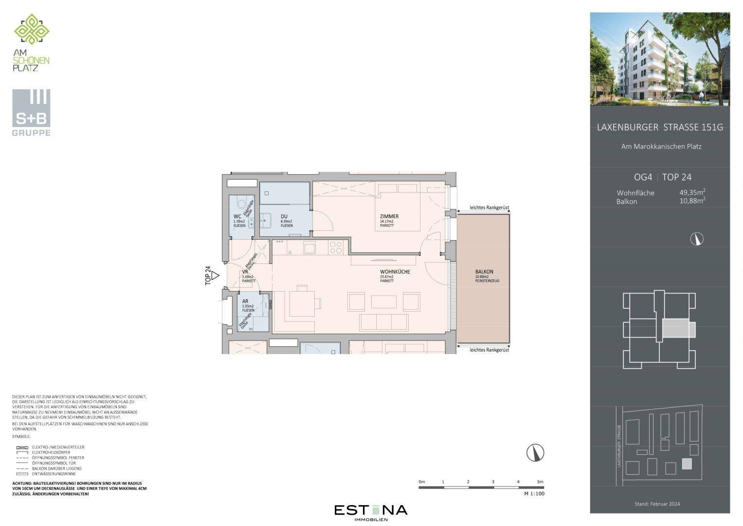 Detaillierter Grundriss einer Wohnung mit offener Wohnküche, einem Schlafzimmer und Balkon.