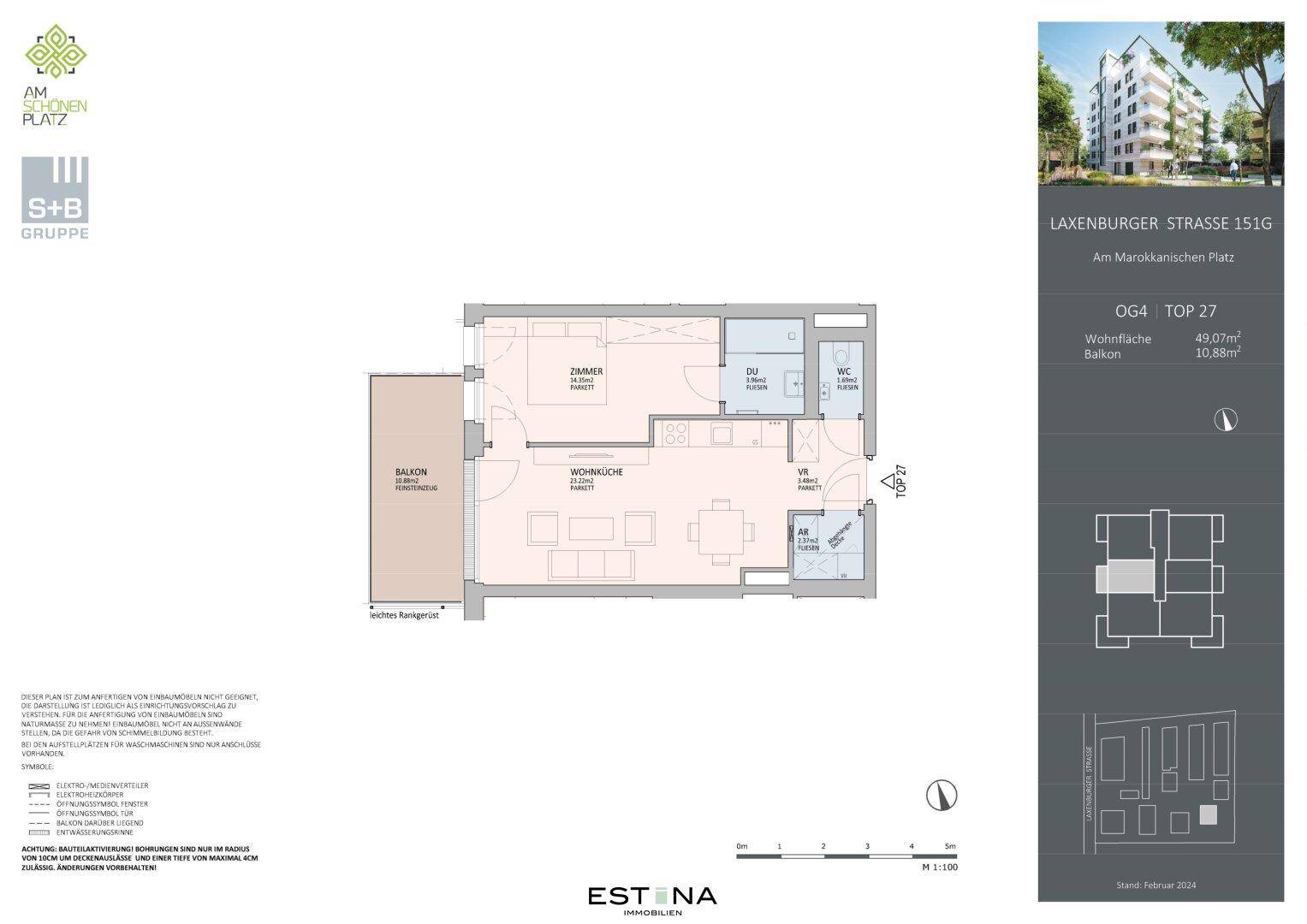 Grundriss einer Wohnung mit offenem Wohn- und Küchenbereich, einem Schlafzimmer und Balkon.