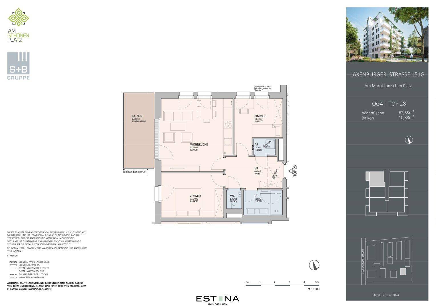 Grundriss einer Wohnung mit offener Wohnküche, zwei Zimmern, separatem WC, Duschbad und einem Balkon.
