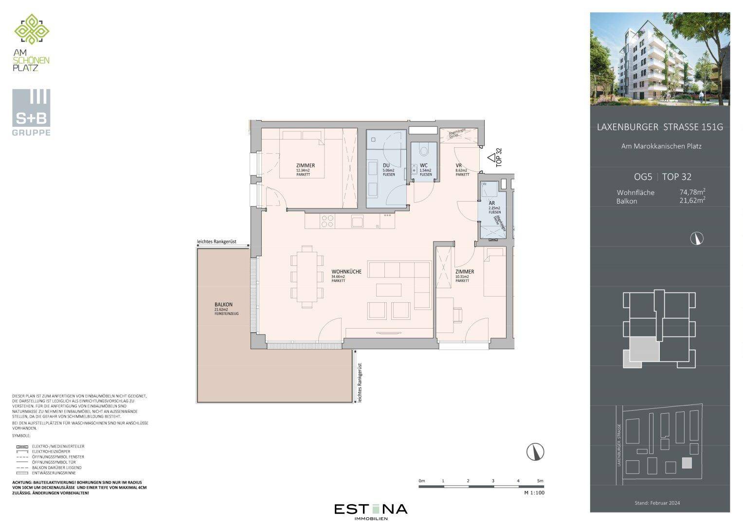 Grundriss einer Wohnung mit offenem Wohn-Kochbereich, zwei Schlafzimmern, Bad, separatem WC und großem Balkon.