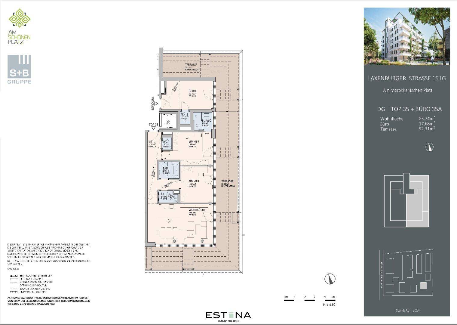 Detaillierter Grundriss einer Wohnung mit Terrasse und mehreren Zimmern.