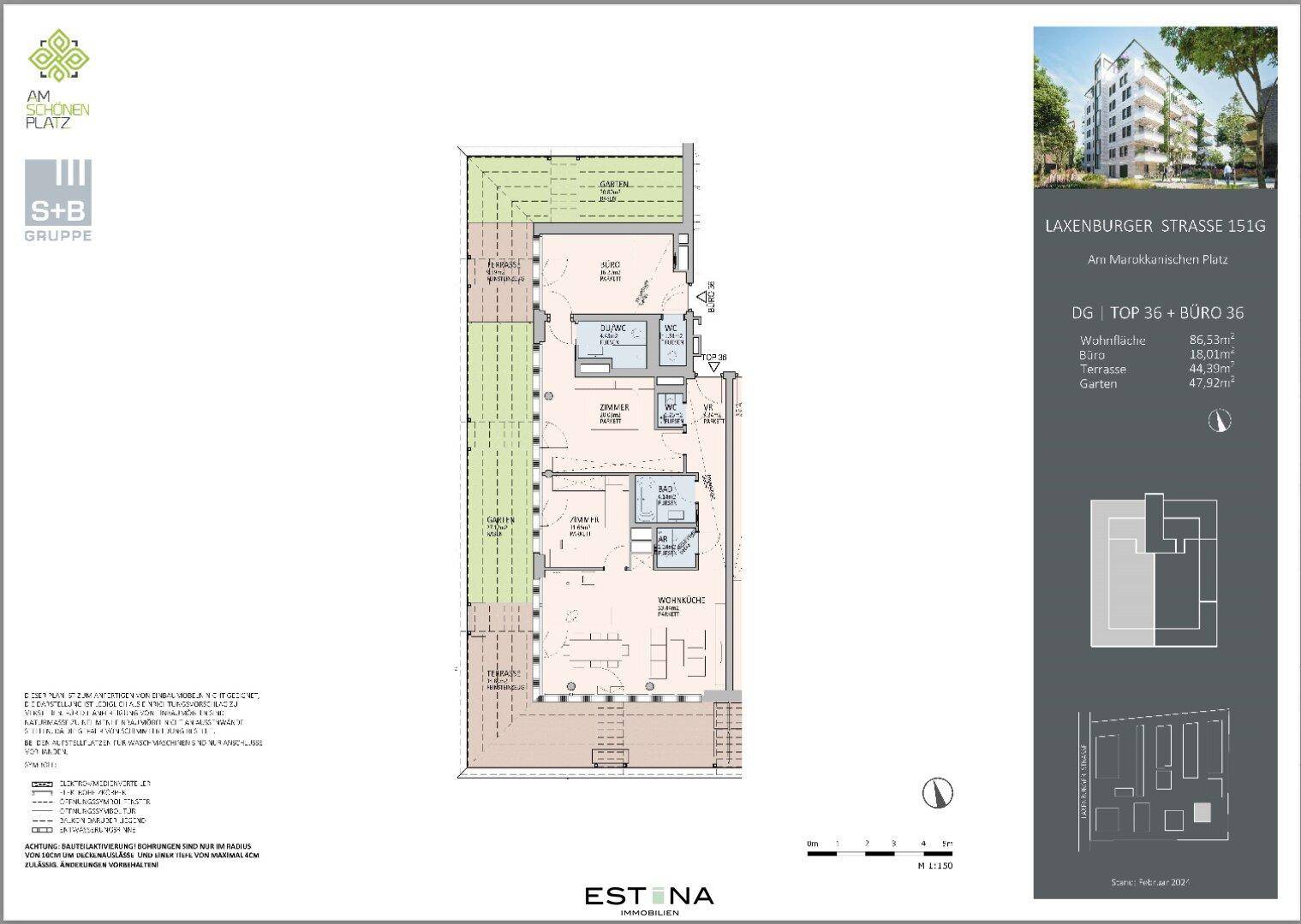 Detaillierter Grundriss einer Wohnung mit Büro und Terrasse, inklusive Flächenangaben.