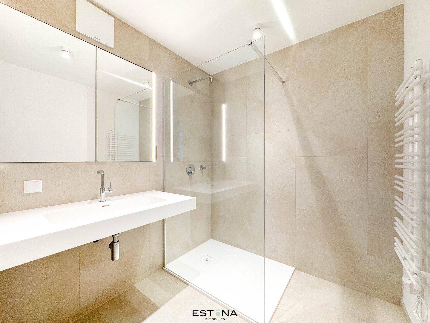 Modernes Badezimmer mit begehbarer Dusche, großem Waschbecken und Wandspiegel.