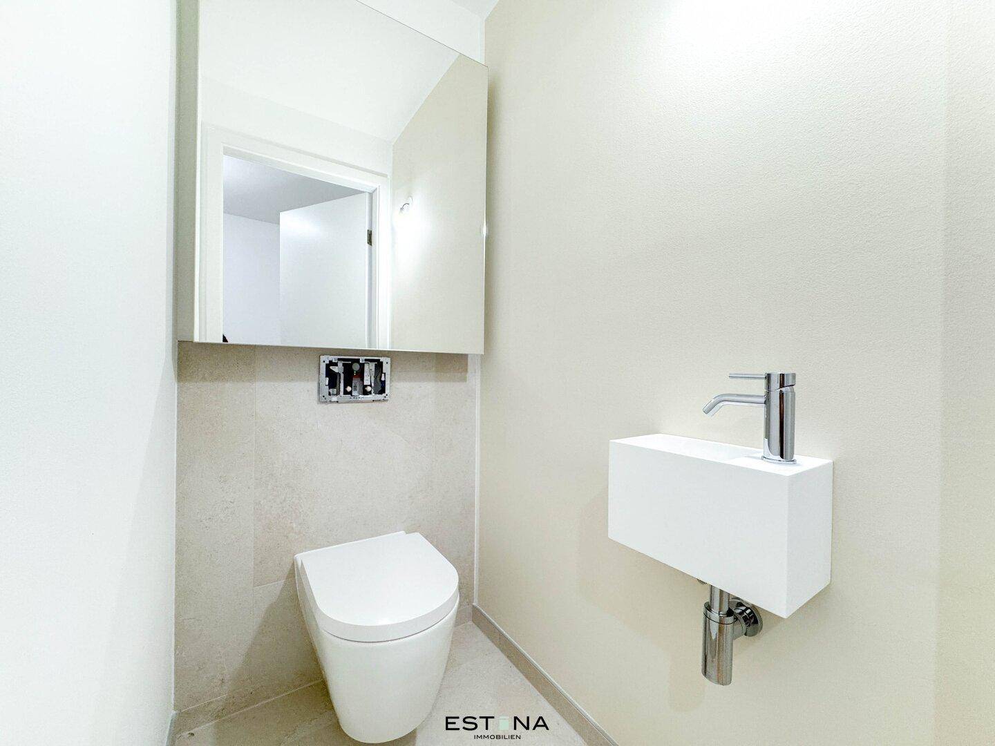 Modernes Gäste-WC mit wandhängender Toilette, kleinem Waschbecken und Spiegel.