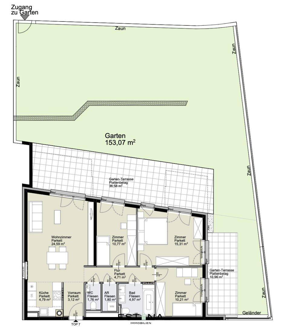 Detaillierter Grundriss einer Wohnung mit großem Garten, Terrasse und mehreren Zimmern.