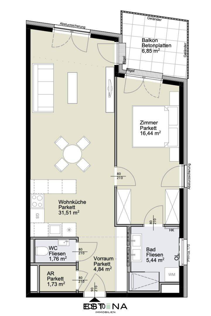 Grundriss einer Wohnung mit offenem Wohn- und Essbereich, separatem Schlafzimmer und Balkon.