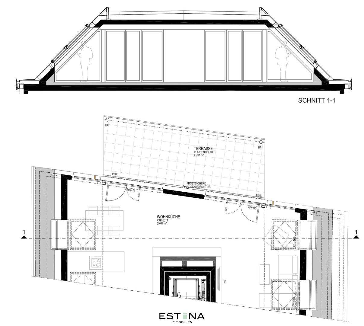 Grundriss und Schnittansicht einer Dachgeschosswohnung mit großer Terrasse und schrägen Wänden.