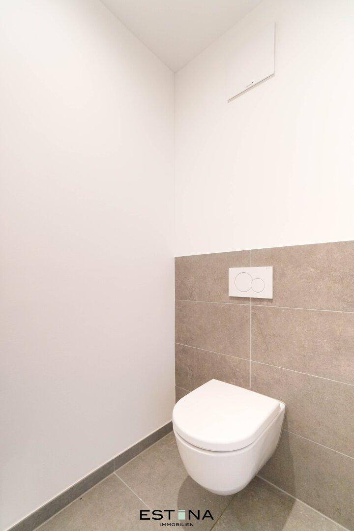 Modernes Gäste-WC mit Wand-WC und grauen Fliesen.