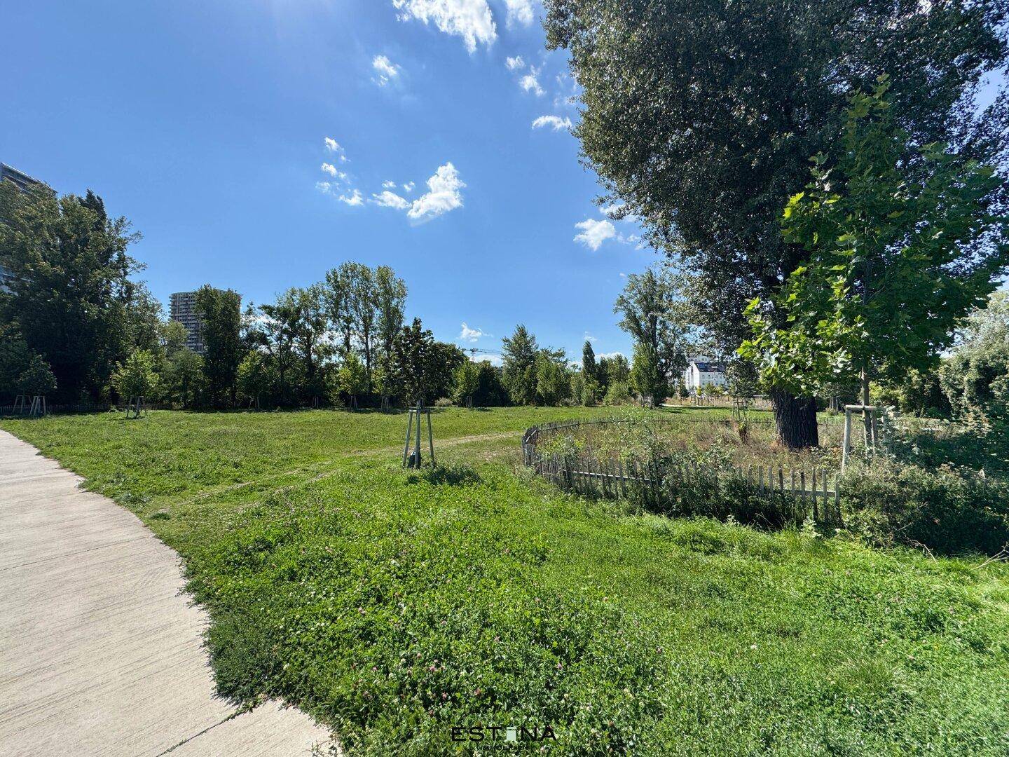 Ausgedehnte Parklandschaft mit Spazierwegen und üppiger Vegetation.