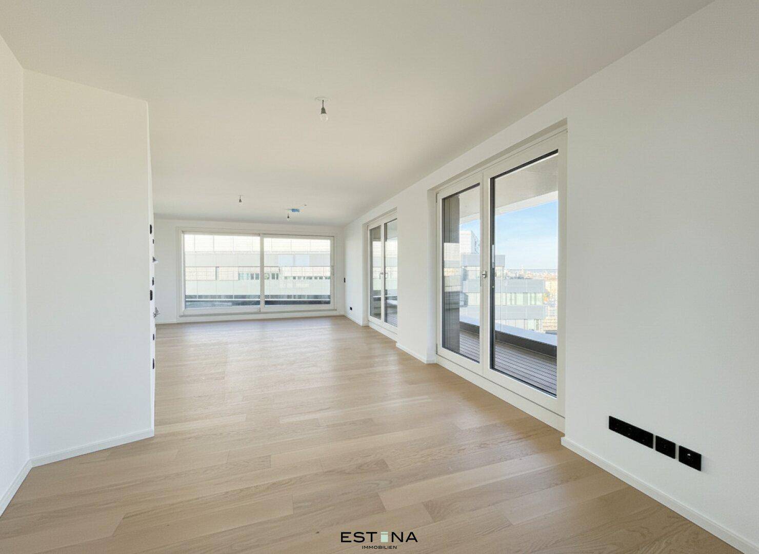 Heller, leerer Wohnraum mit großen Fenstern und hellem Holzparkettboden.