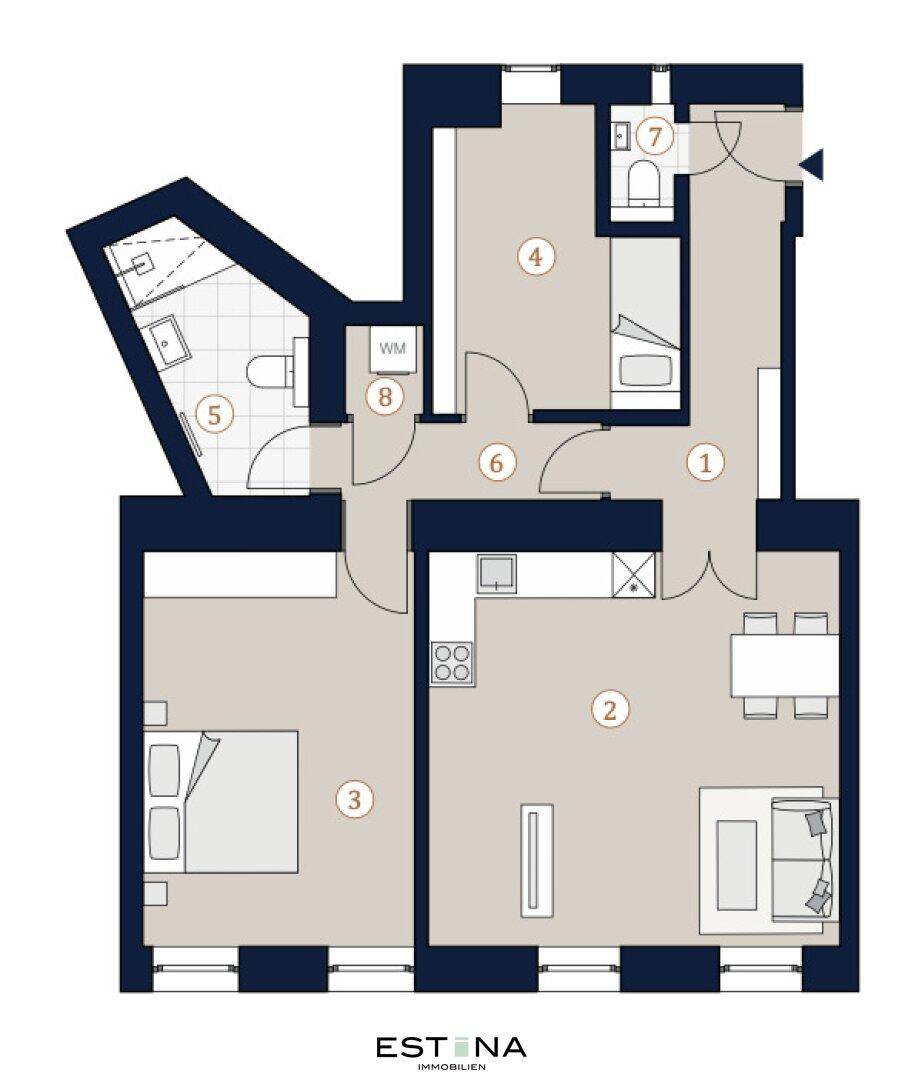 Detaillierter Grundriss einer Wohnung mit Schlafzimmer, Wohnbereich, Küche und zwei Bädern.