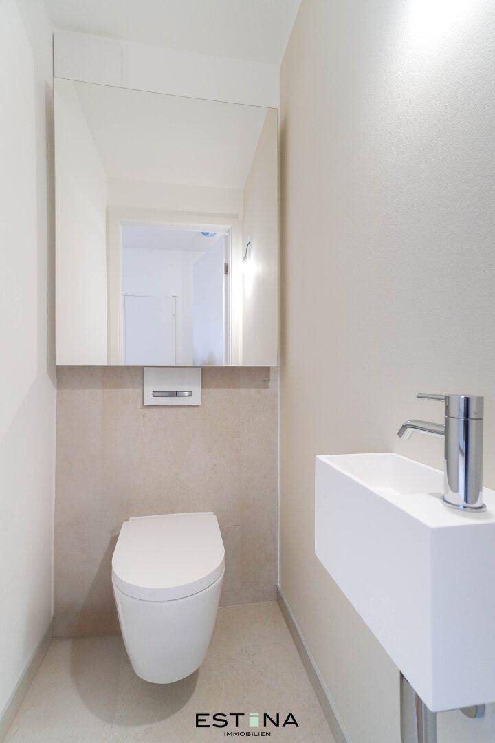 Modernes Gäste-WC mit wandhängender Toilette, kleinem Waschbecken und Spiegelschrank.