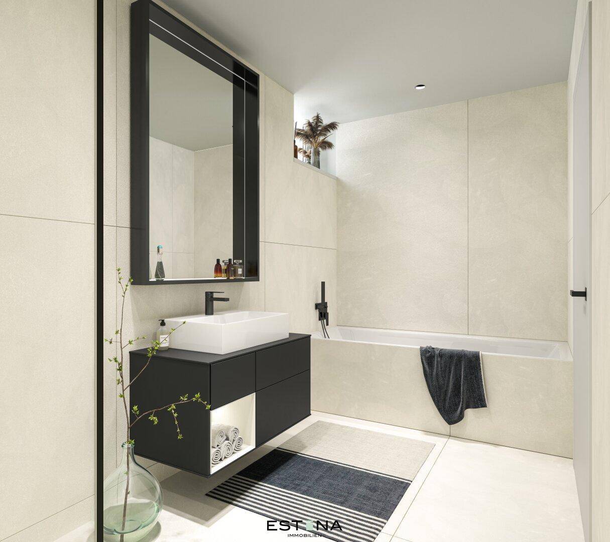 Modernes Badezimmer mit Badewanne, schwebendem Waschtisch und großem, elegantem Spiegel.