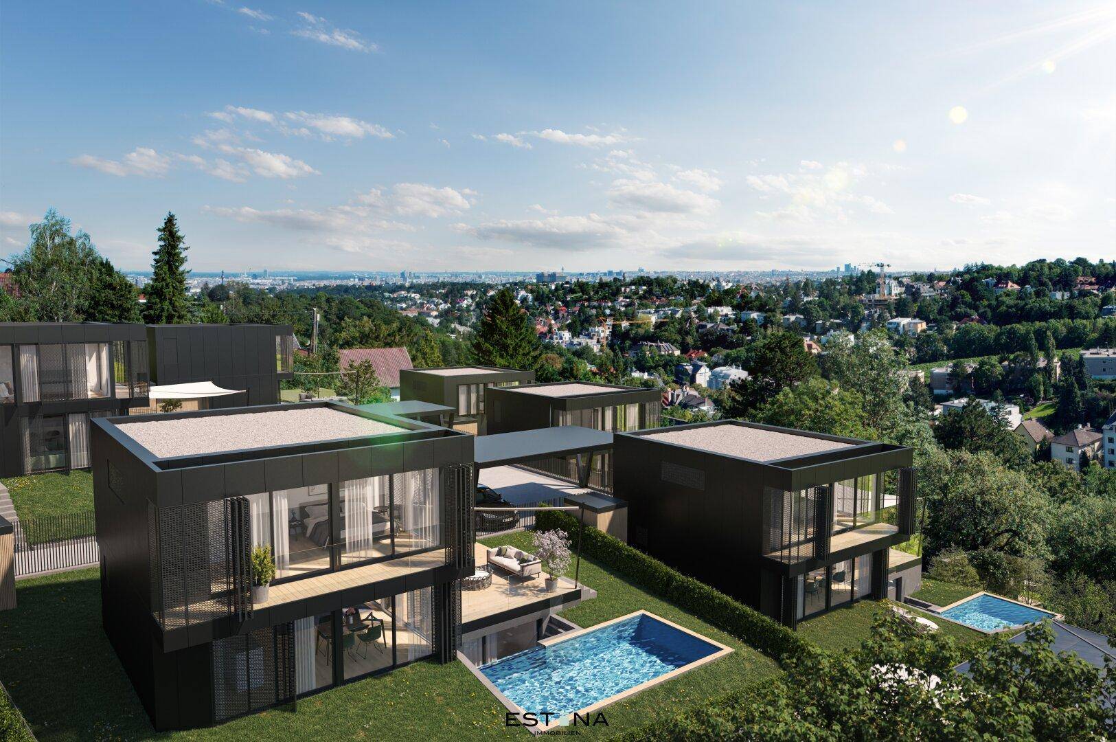 Luftaufnahme einer Siedlung mit modernen Villen, Flachdächern und privaten Pools.