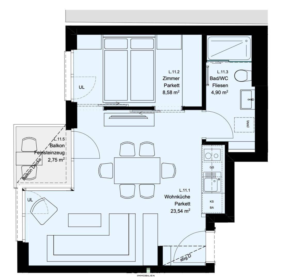 Grundriss einer Wohnung mit offener Wohnküche, Schlafzimmer und Balkon.