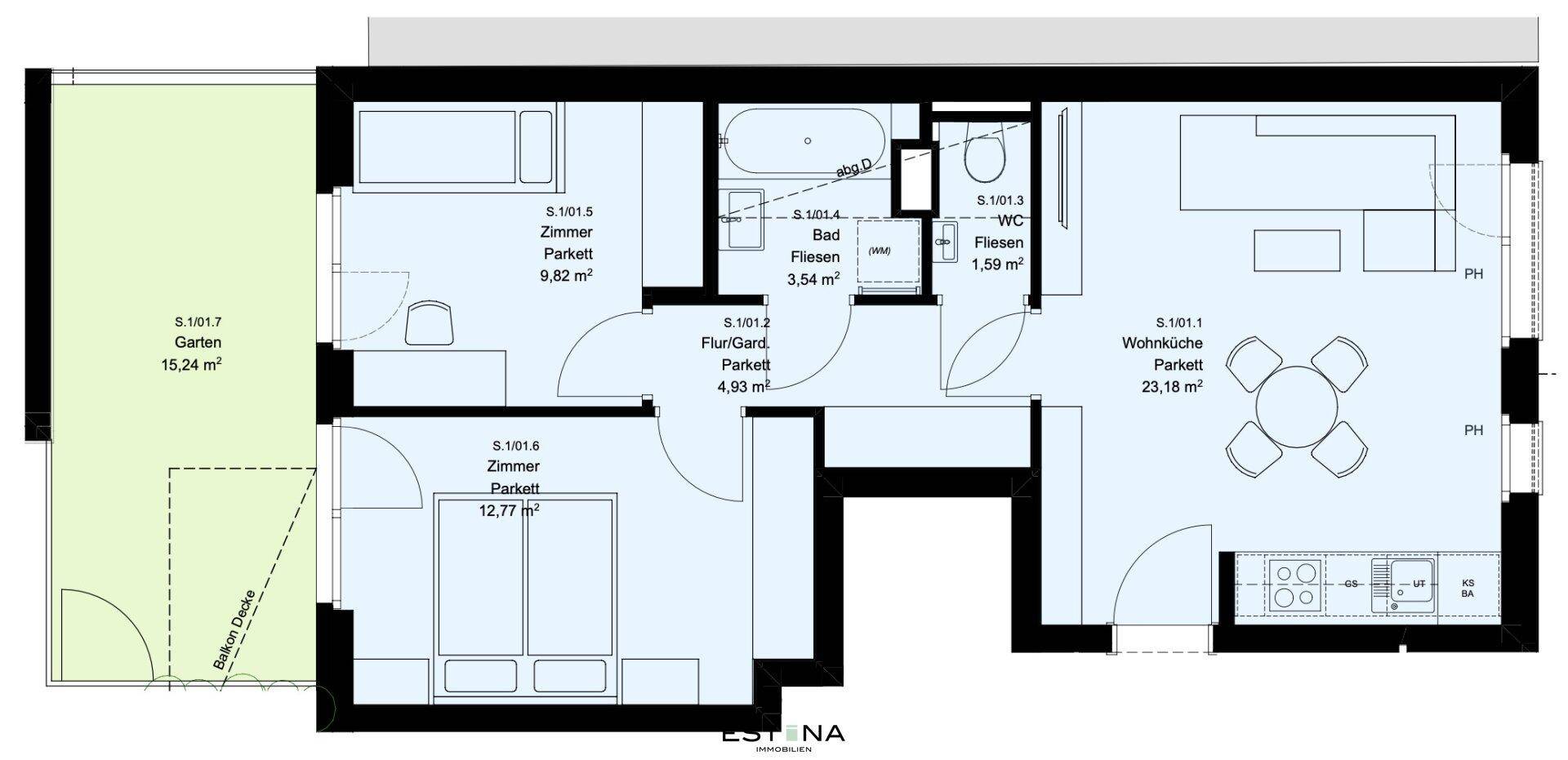 Nahaufnahme des Grundrisses einer Erdgeschosswohnung mit effizienter Raumaufteilung.