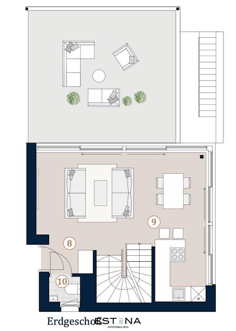 Grundriss des Erdgeschosses der Villa mit offenem Wohn-Essbereich und Küche.