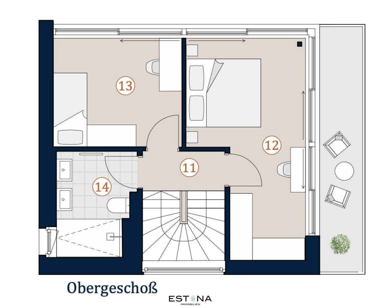 Detaillierter Grundriss des Obergeschosses mit Schlafzimmern, Bad und Balkonzugang.