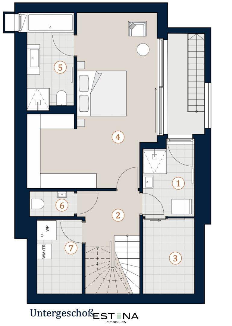 Grundriss des Untergeschosses der Villa mit Schlafzimmer, Bad und Technikraum.