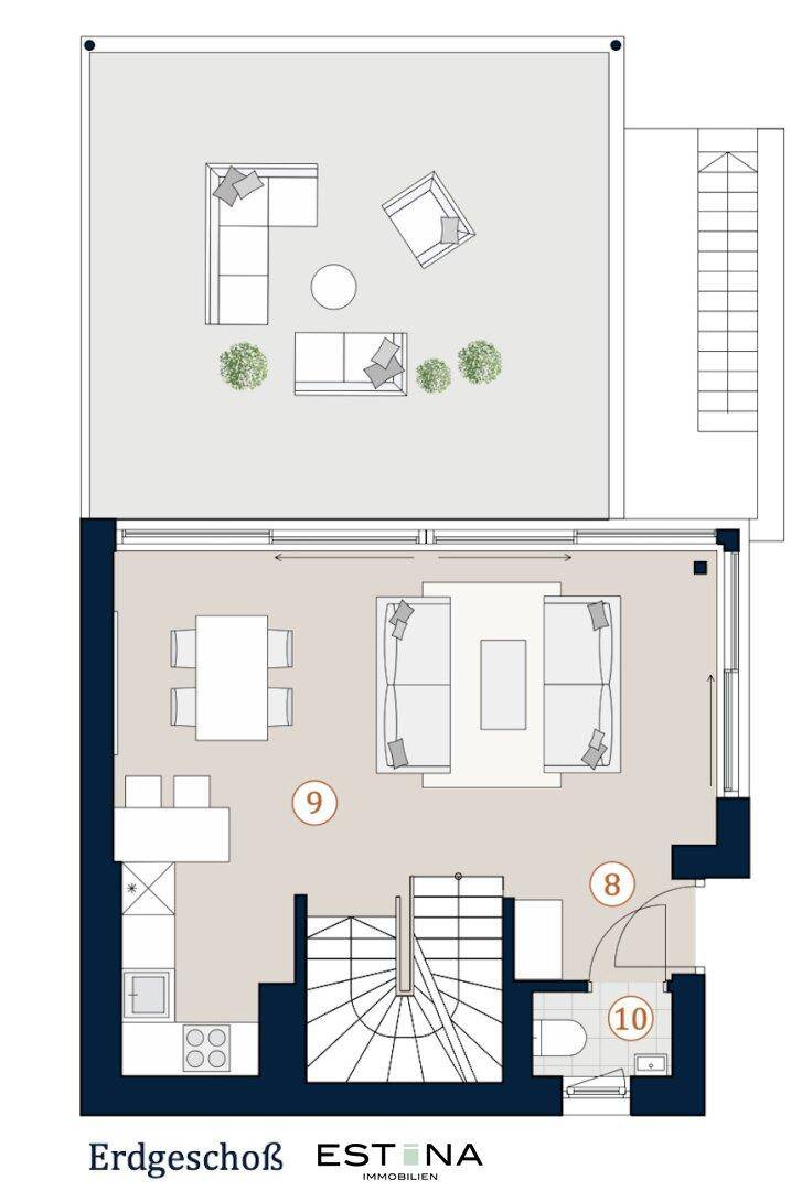 Detaillierter Grundriss des Erdgeschosses mit offenem Wohnbereich, Küche und großer Terrasse.