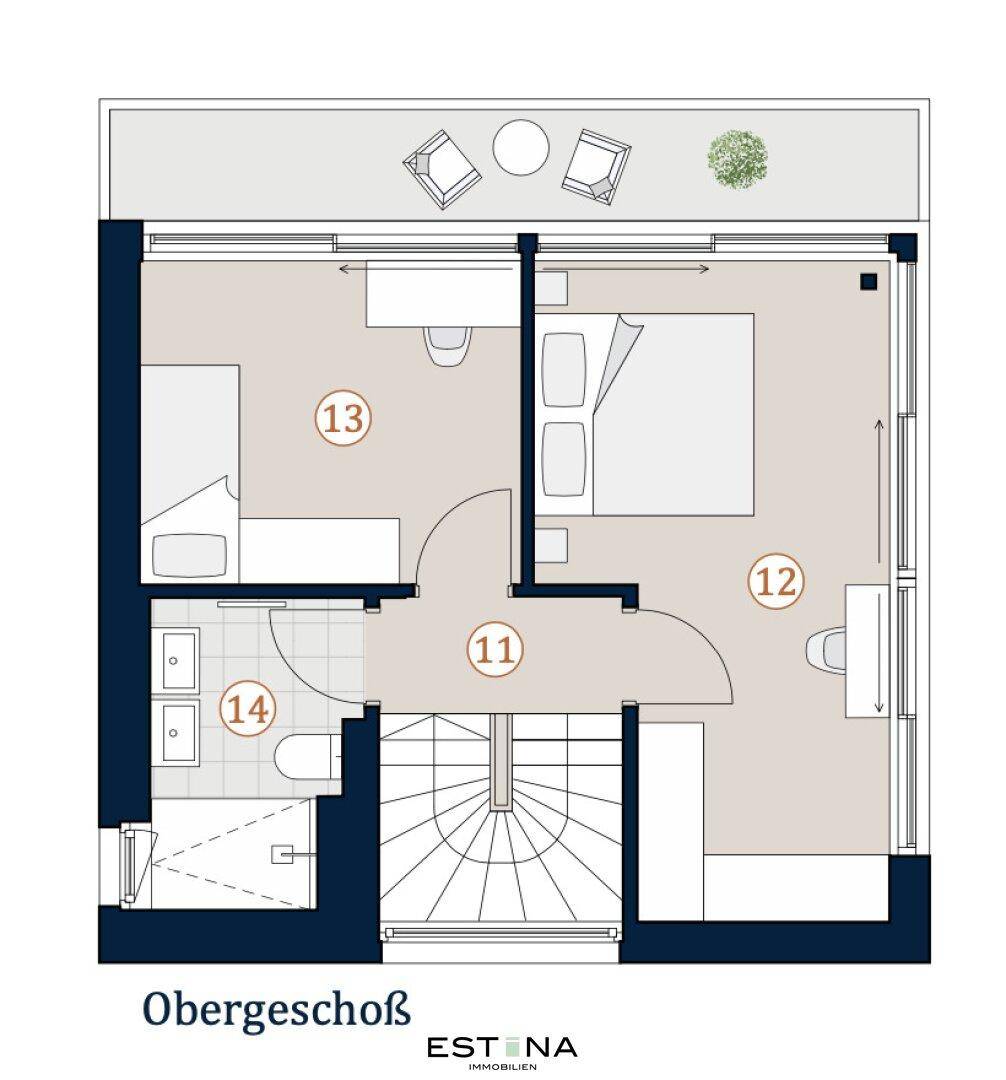 Detaillierter Grundriss des Obergeschosses mit zwei Schlafzimmern, Bad und Zugang zum Balkon.