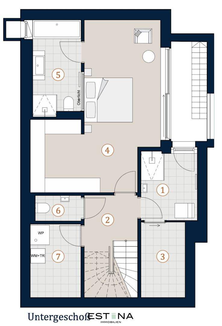 Detaillierter Grundriss des Untergeschosses mit Schlafzimmer, Bad, Sauna und Technikraum.