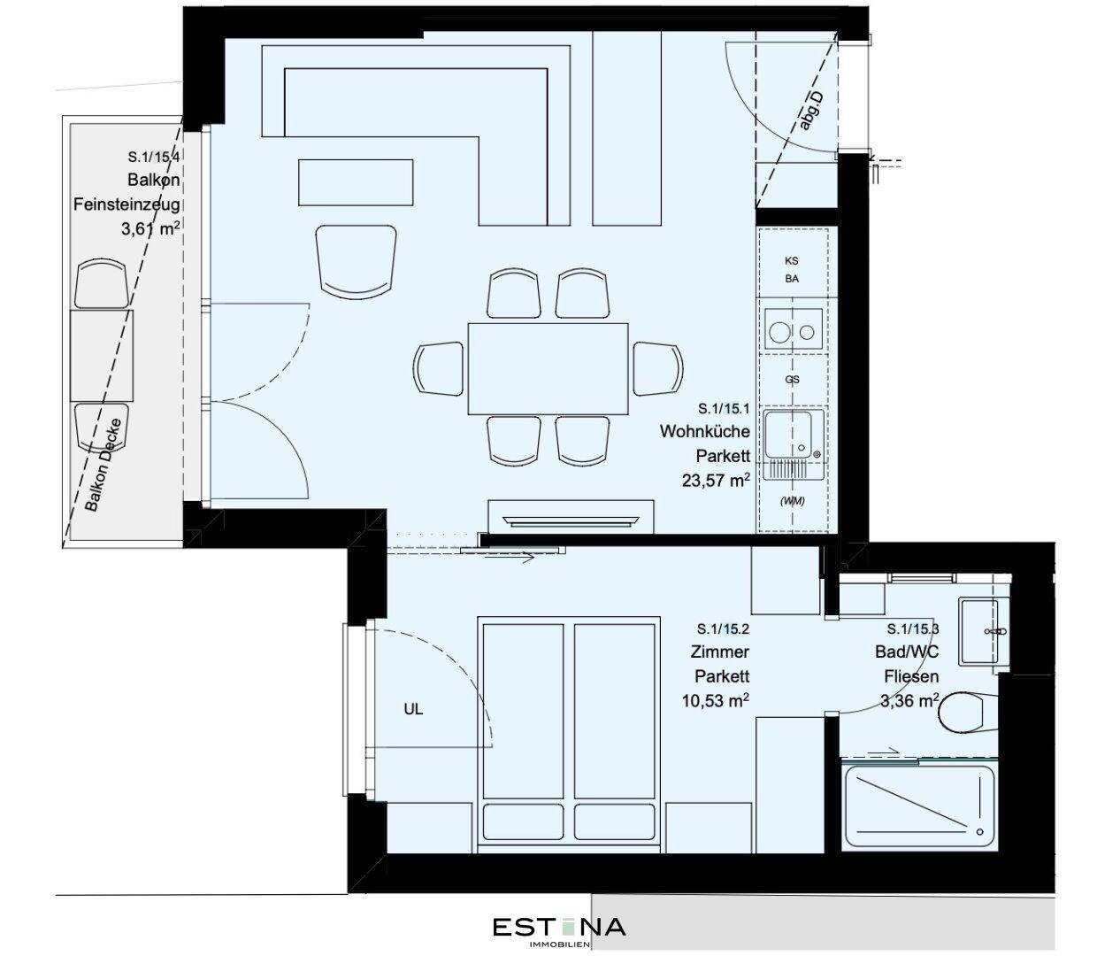 Grundriss einer Wohnung mit offenem Wohnbereich, Schlafzimmer und Balkon, inklusive Flächenangaben.
