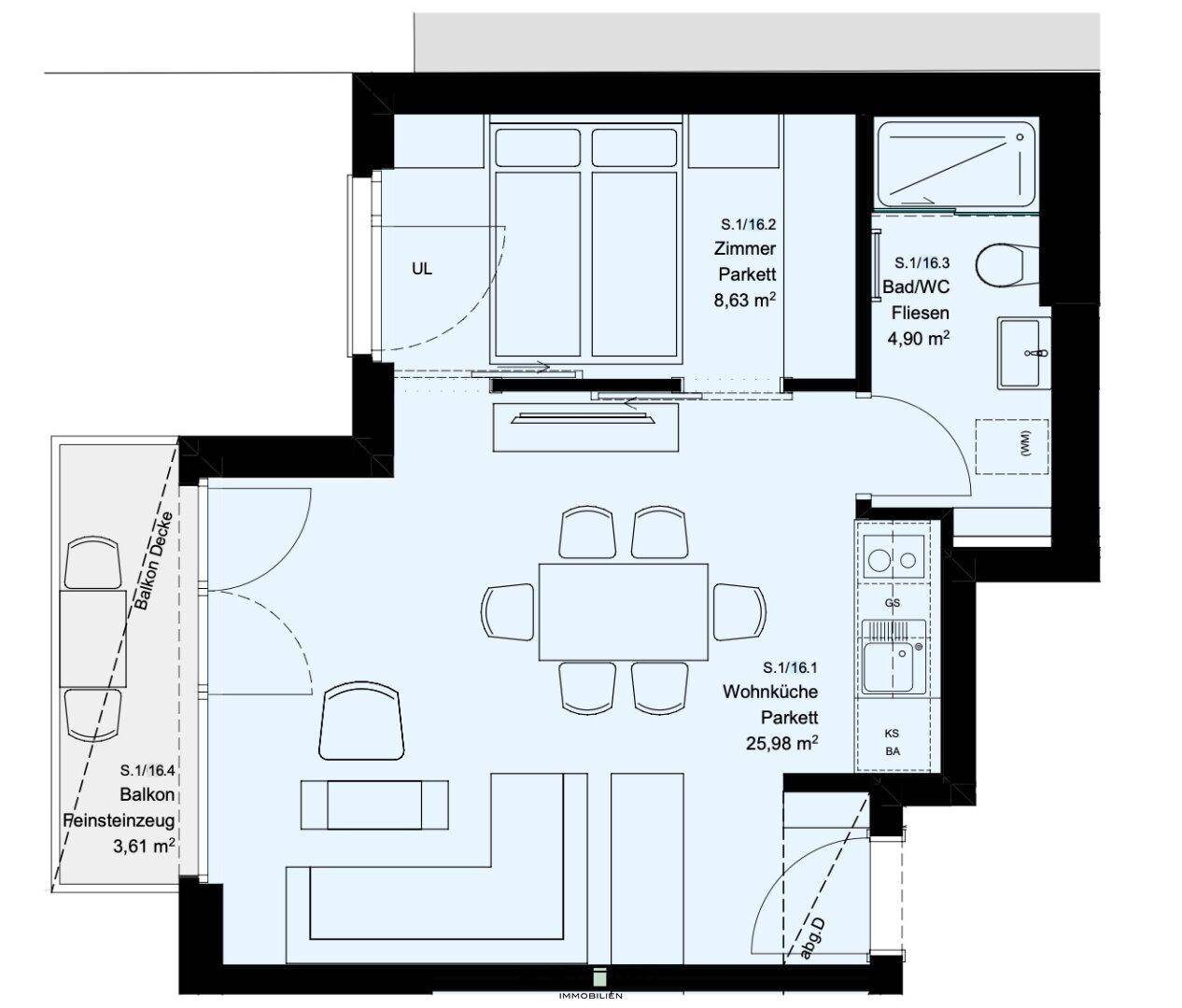 Grundriss einer Wohnung mit Wohnküche, Schlafzimmer und Balkon.