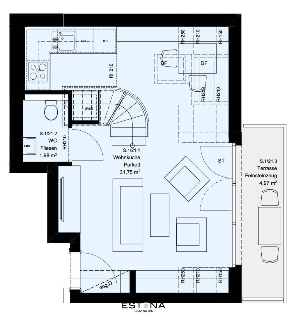 Grundriss des unteren Geschosses mit offener Wohnküche, WC und Terrasse.